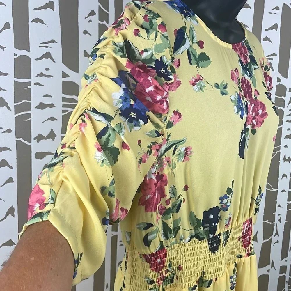 Floral Print Puff Sleeve Chiffon Dress L - Picture 2 of 10